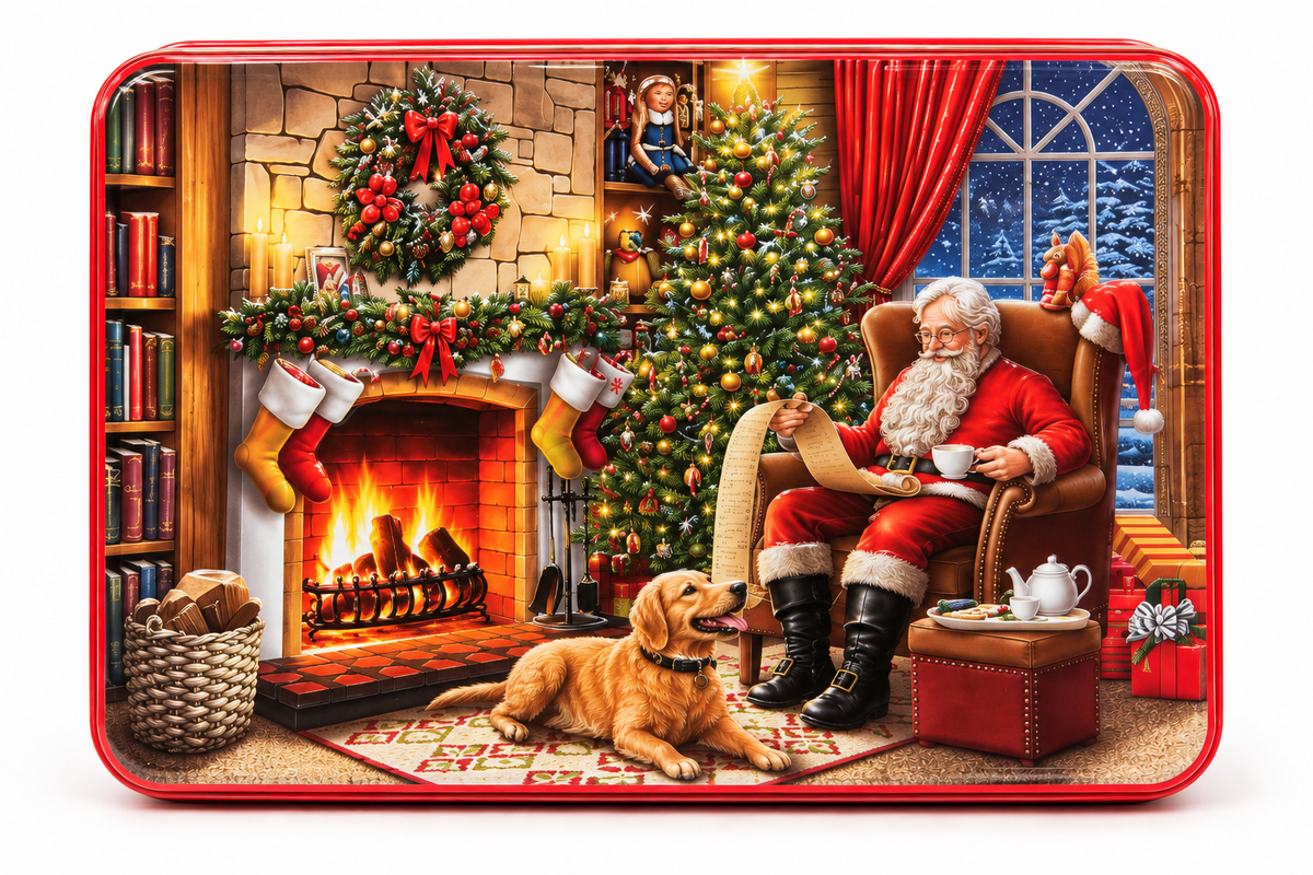 Bramble Embossed Santa by Fire Biscuit Tin – 300g